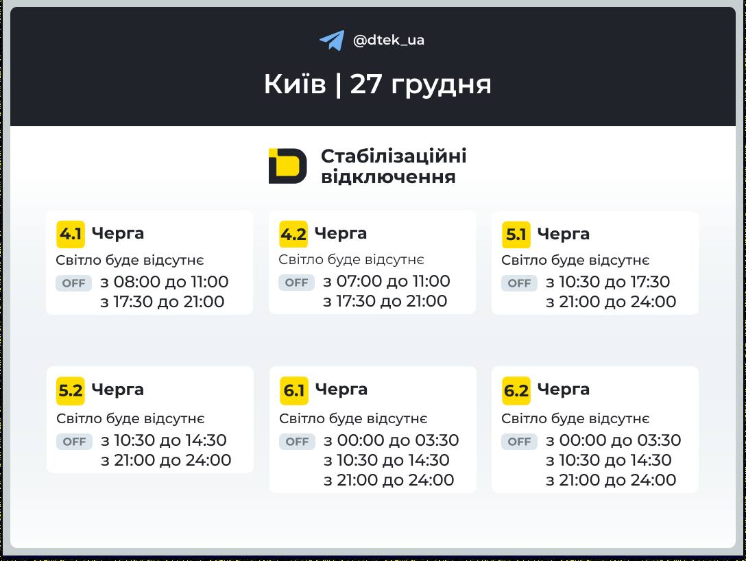 В Киеве 27 декабря продолжат выключать свет: в ДТЭК показали графики